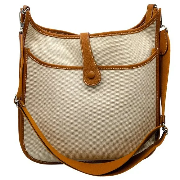 Hermes Beige / Cognac Toile / Clemence Leather Evelyn III GM - Picture 3 of 12